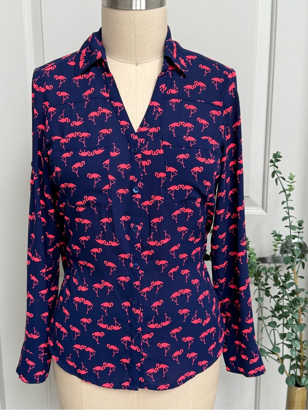 Express Navy Long-Sleeve Button Front Blouse with Hot Pink Flamingo Print
